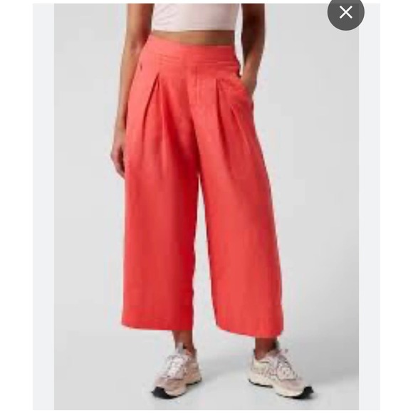 Athleta Pants - Athleta Linen Wide Leg High Rise Elastic Waist Crop Pants Women Size 8Tall